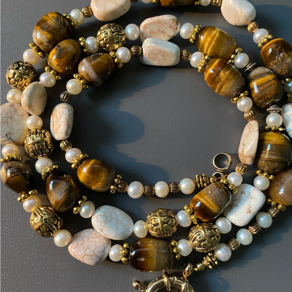 Tigers Eye / Fresh Water Pearl / Natural Stone Necklace 30”